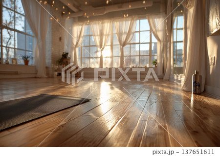 Spacious studio with wooden corner and light satin curtains. The light wood floor with a yoga mat and white walls feel fresh and clean 137651611