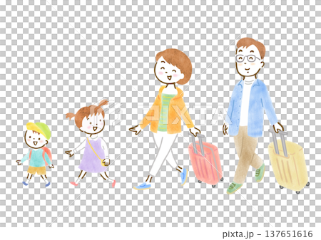 一幅描繪一家四口外出旅行的插圖。 137651616