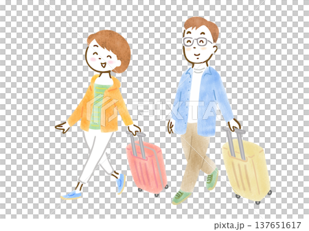 An illustration of a couple going on a trip, pulling suitcases. 137651617