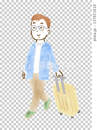 一幅描繪男子拉著行李箱即將踏上旅途的插圖。 137651618