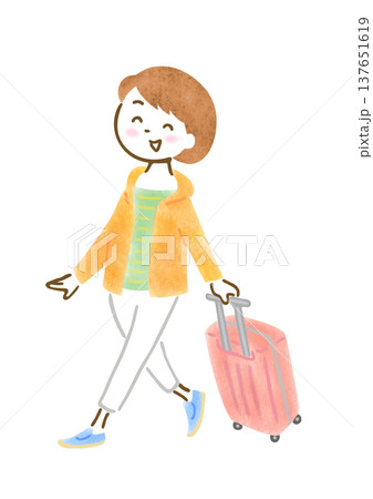 スーツケースを引いて旅行に出かける女性のイラスト スーツケースを引いて旅行に出かける女性のイラスト 137651619