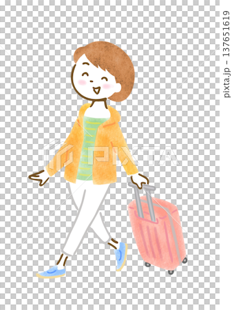 An illustration of a woman leaving on a trip, pulling a suitcase. 137651619