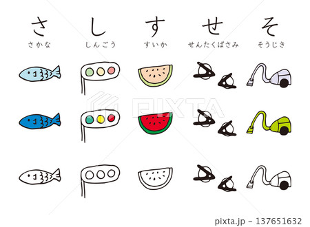 ひらがな表　さしすせそ　手描きイラストセット 137651632