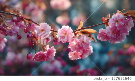 Blurred background of blooming spring gardens. Springtime Blurred background of blooming spring gardens. Springtime 137651646