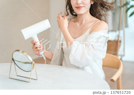 ヘアドライヤーでヘアブロー・髪の毛を乾かす女性(ヘアケア) ヘアドライヤーでヘアブロー・髪の毛を乾かす女性(ヘアケア) 137651720