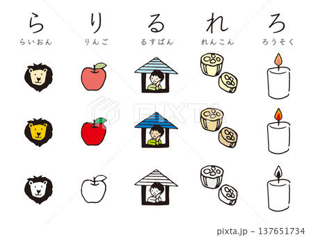 ひらがな表 らりるれろ 手描きイラストセット ひらがな表 らりるれろ 手描きイラストセット 137651734