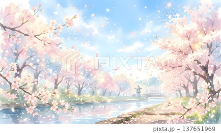 川沿いに咲く満開の桜と春の風景 幻想的な桜並木 川沿いに咲く満開の桜と春の風景 幻想的な桜並木 137651969