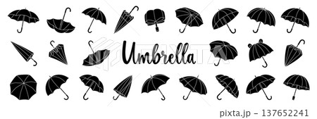 Black silhouette umbrella collection, minimal vector set of open and folded umbrellas for decor, prints, and background design Black silhouette umbrella collection, minimal vector set of open and folded umbrellas for decor, prints, and background design 137652241