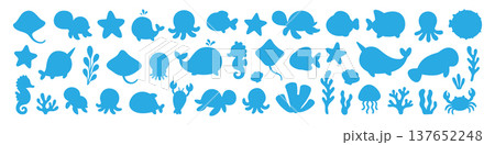 Cartoon ocean animal set. Tropical fish, kawaii style marine creatures, corals, and plants for kids creative projects Cartoon ocean animal set. Tropical fish, kawaii style marine creatures, corals, and plants for kids creative projects 137652248