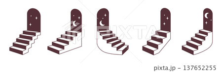 Staircase with arched doorway with moon and stars. Mystical surreal vector design in minimal isometric. 137652255