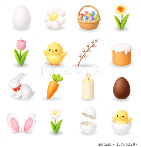 Easter icon collection. Eggs, bunny, chick, flowers and basket. Cute 3D vector illustration set isolated on white background Easter icon collection. Eggs, bunny, chick, flowers and basket. Cute 3D vector illustration set isolated on white background 137652297