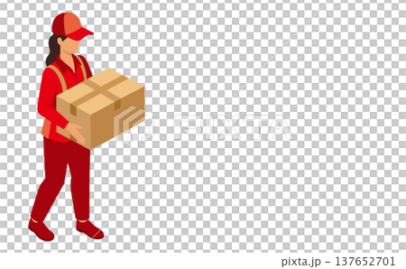 荷物を運ぶ配達員・作業員のアイソメトリックイラスト（物流・配送・引っ越し）、赤系 137652701