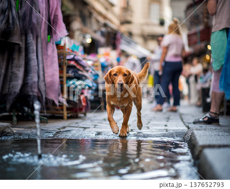 Playful golden retriever runs through a busy street with people and shops on a sunny day 137652793