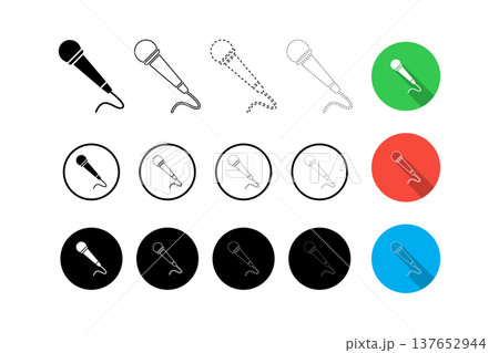 Microphone Icon Set With Variations and Flat Circle Badges for Audio, Music, and Voice Applications 137652944