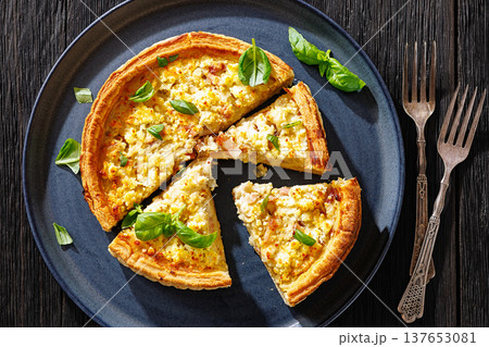 Quiche Lorraine with bacon, cheese and fresh basil Quiche Lorraine with bacon, cheese and fresh basil 137653081