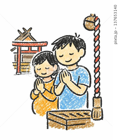 安産祈願の神社で手を合わせる妊婦と夫 137653140