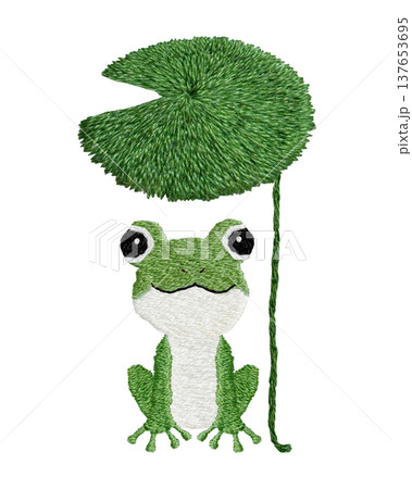 【カエルと葉っぱの傘】手刺繍イラスト素材 137653695