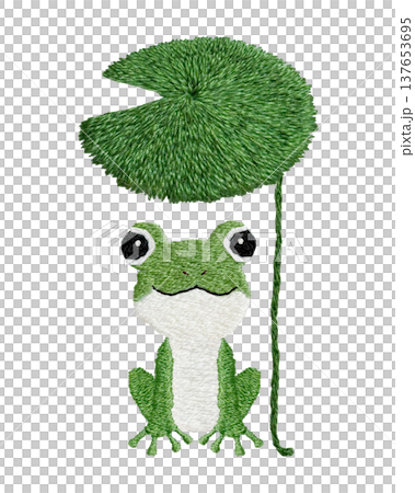 【カエルと葉っぱの傘】手刺繍イラスト素材 137653695