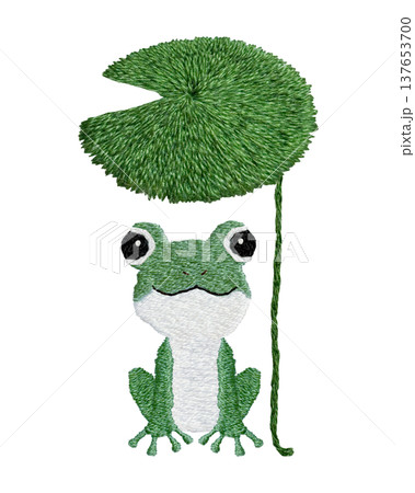 【カエルと葉っぱの傘】手刺繍イラスト素材 【カエルと葉っぱの傘】手刺繍イラスト素材 137653700