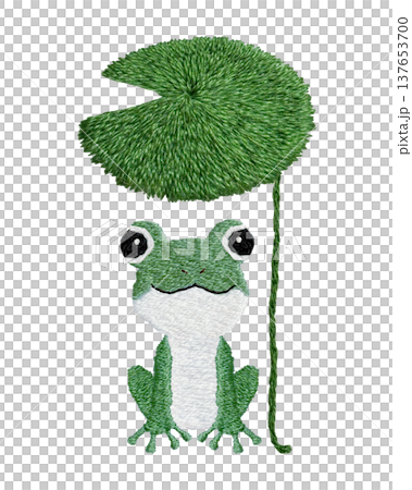 【カエルと葉っぱの傘】手刺繍イラスト素材 【カエルと葉っぱの傘】手刺繍イラスト素材 137653700