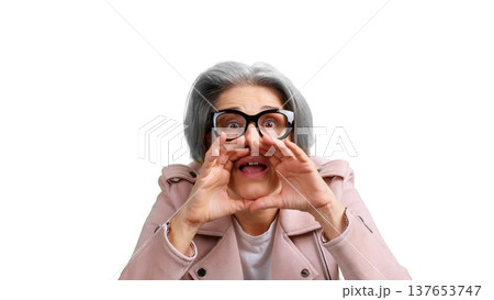 Senior woman communicating important message yelling announcement Senior woman communicating important message yelling announcement 137653747
