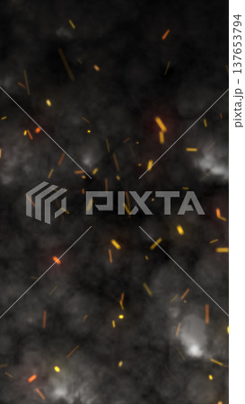 Dark smoky atmosphere with glowing orange embers and flying sparks, cinematic abstract background for fire, danger, industry, or dramatic energy 137653794
