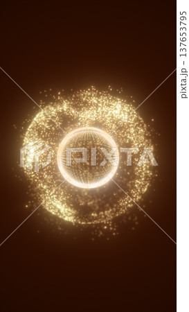 Golden particle halo swirling around luminous sphere, elegant abstract energy ring background 137653795