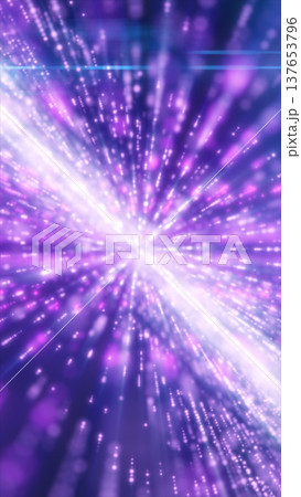 Purple light-speed burst with glowing particles and motion streaks, abstract futuristic energy background 137653796