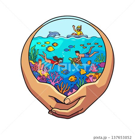 Hands Holding Ocean Scene with Snorkelers 137653852