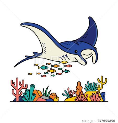 Cartoon Manta Ray with School of Fish and Coral Reef 137653856