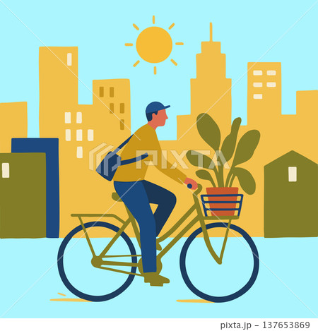 Cyclist with Plant in City Cyclist with Plant in City 137653869