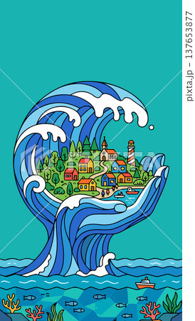 World in Hand Wave Illustration 137653877