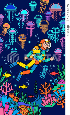 Surprised Diver Surrounded by Jellyfish Surprised Diver Surrounded by Jellyfish 137653879