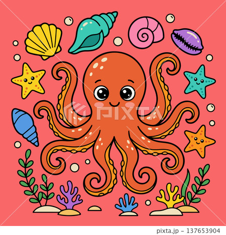 Cute Cartoon Octopus with Sea Life 137653904