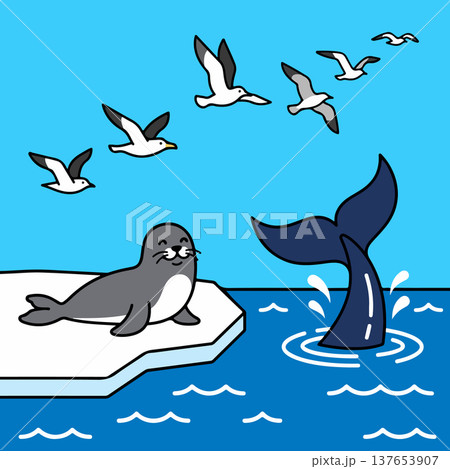 Arctic Cartoon Scene with Seal, Whale, and Birds 137653907