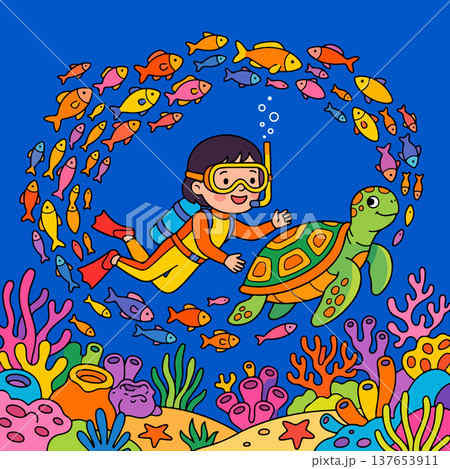 Diver and Turtle in Colorful Coral Reef 137653911