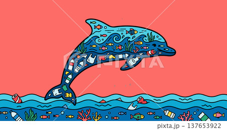 Dolphin Silhouette Filled with Ocean Pollution 137653922