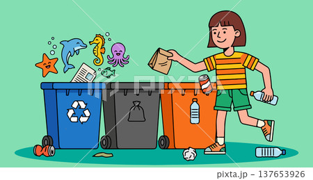 Child Recycling Waste into Color-Coded Bins 137653926