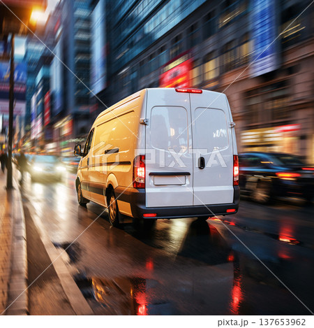 Delivery van drives through a busy street at dusk in a city with bright lights and reflections on wet pavement 137653962