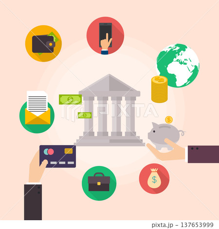 Banking concept. Set of flat icon banking, finance operations, payment, credit cards, wallet and cash money. Flat style vector illustration. Banking concept. Set of flat icon banking, finance operations, payment, credit cards, wallet and cash money. Flat style vector illustration. 137653999