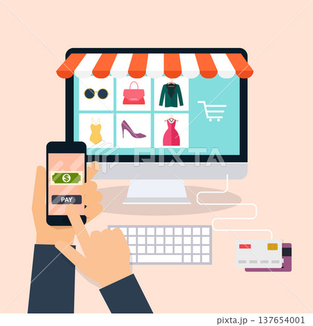 E-commerce, electronic business, online shopping, payment, delivery, shipping process, sales. Infographic concept vector. E-commerce, electronic business, online shopping, payment, delivery, shipping process, sales. Infographic concept vector. 137654001