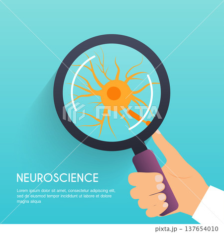 Hand holding a magnifying glass with illustration of nerve cell. Flat design modern vector illustration concept. Hand holding a magnifying glass with illustration of nerve cell. Flat design modern vector illustration concept. 137654010