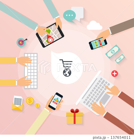 Creative team desktop top view with tablets, stationery and people working together. Modern vector illustration concept. Creative team desktop top view with tablets, stationery and people working together. Modern vector illustration concept. 137654011