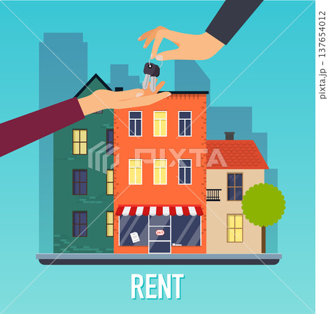 Real estate agent hand giving key to home buyer. Offer of purchase house, rental of Real Estate. Flat design modern vector illustration concept. 137654012