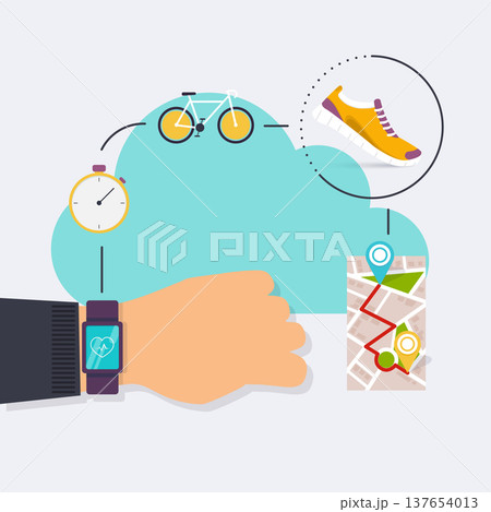 Hand holding mobile smart phone app with track displayed with route. Vector fitness route tracking concept illustration. Flat design modern vector illustration concept. Hand holding mobile smart phone app with track displayed with route. Vector fitness route tracking concept illustration. Flat design modern vector illustration concept. 137654013