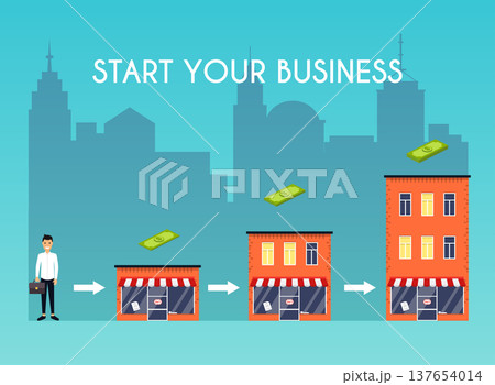 Businessman starts his own business. Flat design modern vector illustration concept. Businessman starts his own business. Flat design modern vector illustration concept. 137654014