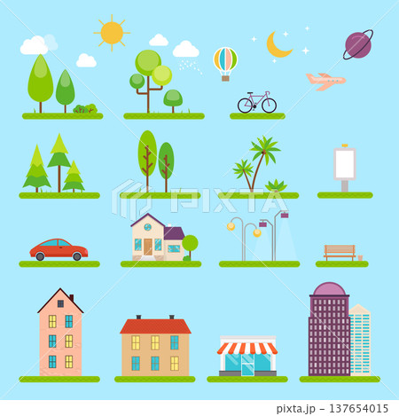Vector city illustration in flat style. Icons and illustrations with buildings, houses and architecture signs. Ideal for business web publications, graphic design. Flat style vector illustration. Vector city illustration in flat style. Icons and illustrations with buildings, houses and architecture signs. Ideal for business web publications, graphic design. Flat style vector illustration. 137654015