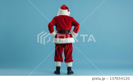 Santa Claus stands with hands on hips against a blue background during holiday preparations in December 137654120