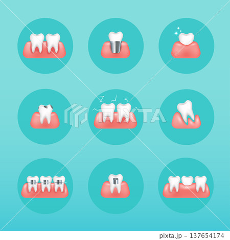 Types of dental clinic services. Stomatology and dental procedures flat icons. Toothcare vector illustration. Flat design style modern vector illustration concept. 137654174