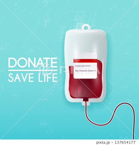 Donate blood bag on blue background. Vector 3d illustration. 137654177
